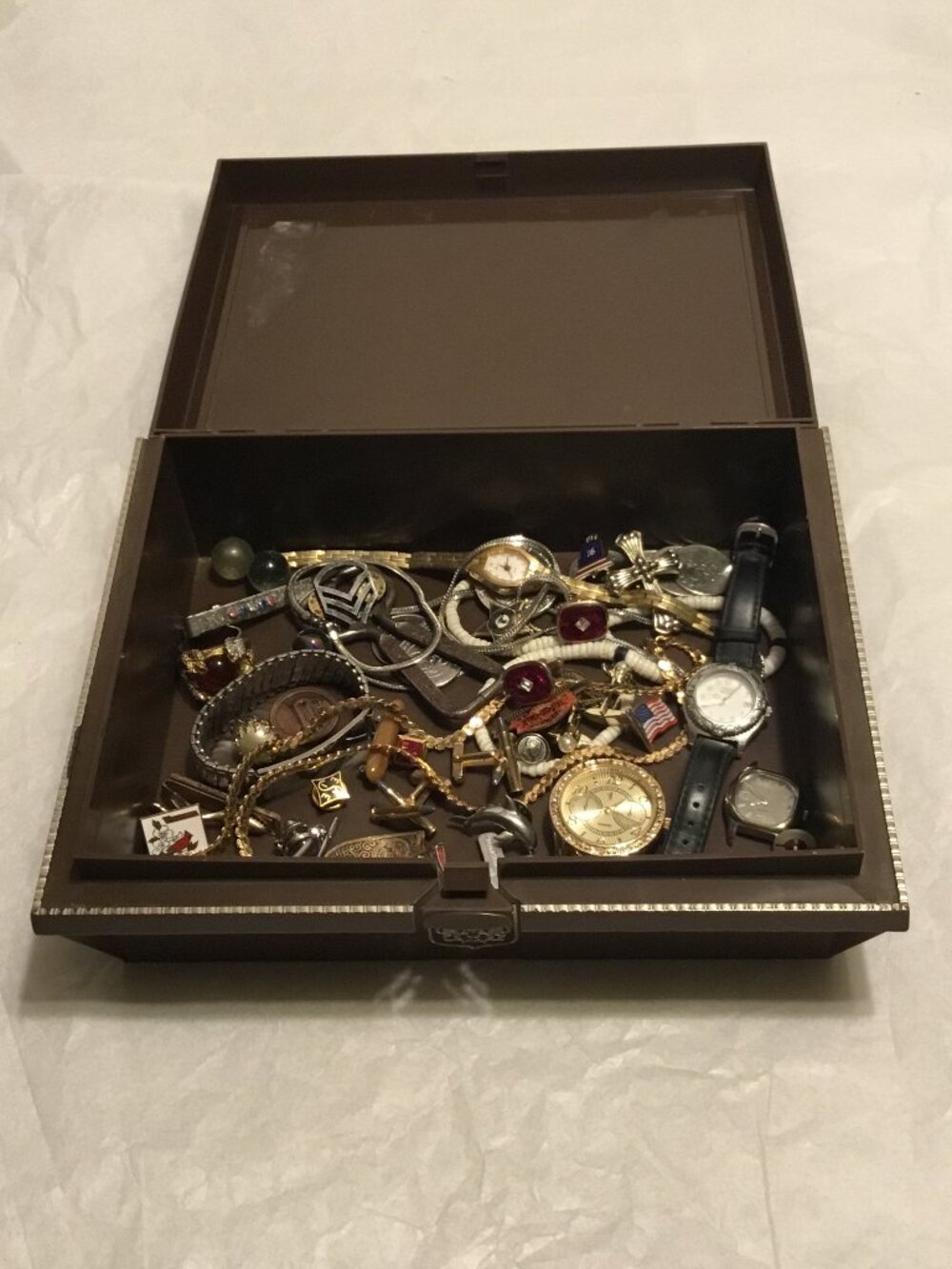 Vintage men's dresser box filled with lots of old jewelry, watches, etc.